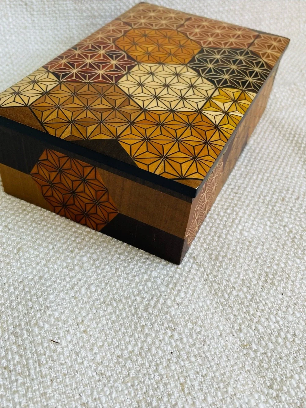 Vintage Handcrafted Geometric Inlay Wood Keepsake Jewelry Box Honey Brown